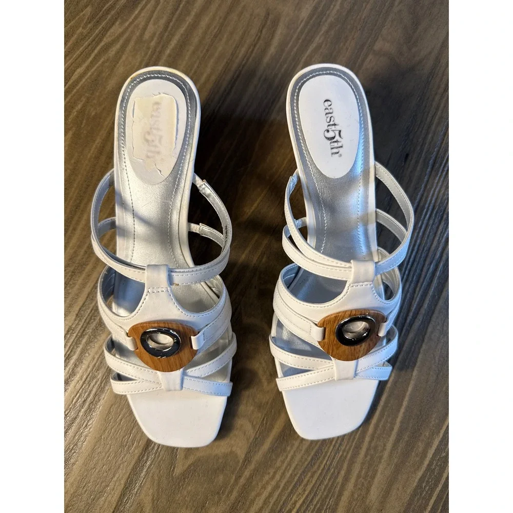 East 5th Wedge Sandals Women's 7M White Strappy Wood Accent Naples Slides‎